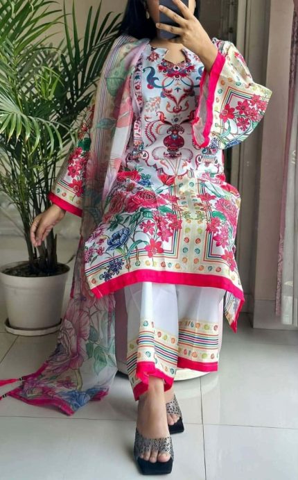 Pakistani-inspired floral print AC cotton three-piece