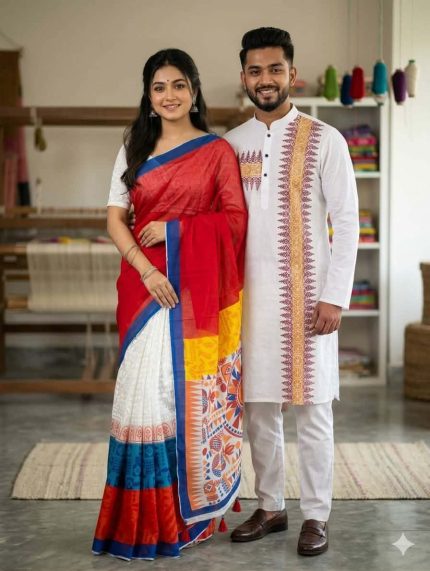 Cotton Saree and Dhupian Silk Panjabi Combo For Couple
