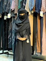 modest kids' long borka (abaya) set paired with a matching tiered niqab and a structured crown-style cap - Image 3
