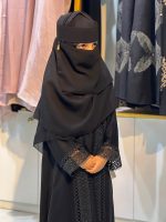 modest kids' long borka (abaya) set paired with a matching tiered niqab and a structured crown-style cap - Image 4