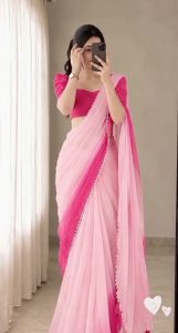 🌸 ইন্ডিয়ান ওয়েটলেস জর্জেট ডিজিটাল প্রিন্ট শাড়ি | প্রিমিয়াম লেস ও টারসেল ডিজাইন - Image 7