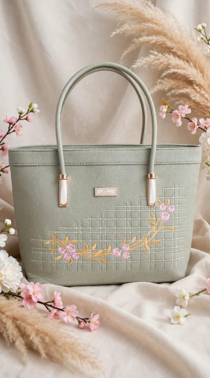 Sakura Bloom Tote Sage Green Embroidered Bag